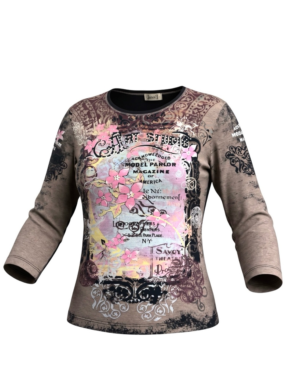Jamee J Studded Art Studio Floral Graphic Black Pink Taupe Long Sleeve Top Med